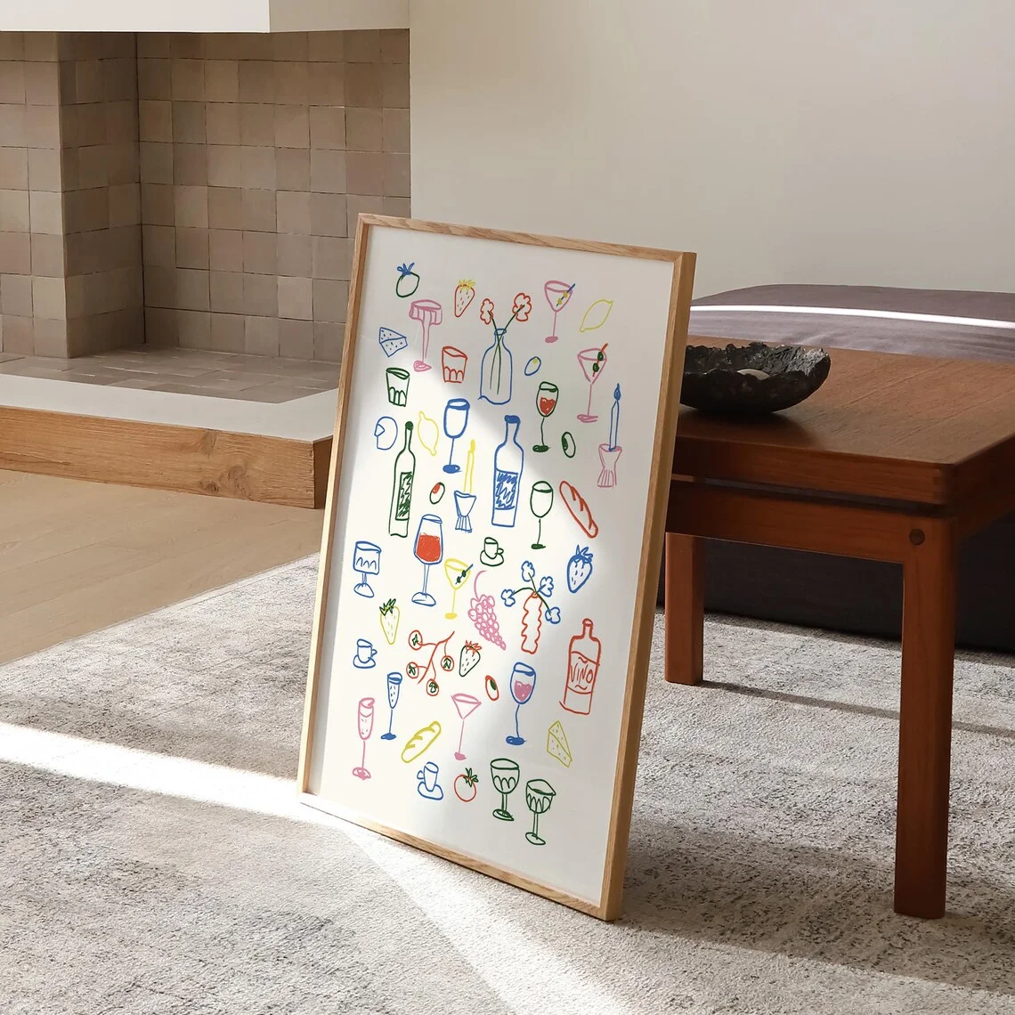 Retro-Esstisch-Druck, Poster mit Illustrationen von Speisen und Getränken, maximalistische Küchen-Galerie-Wandkunst, Wohnungsdekoration, Barwagen A