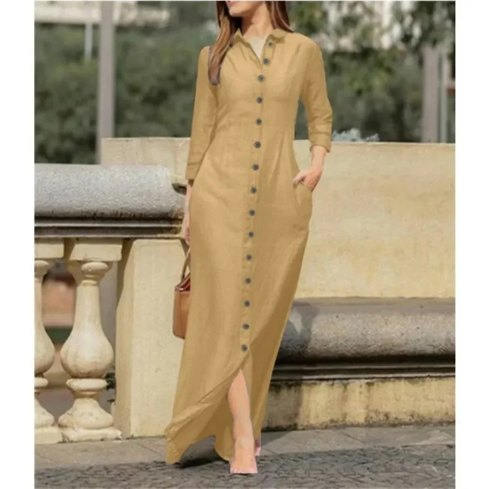 Spring Summer Women\'s L-5XL Plus Size Loose Casual Lapel Solid Color Cotton Long Dress Elegant Long Sleeved Button Up Oversized