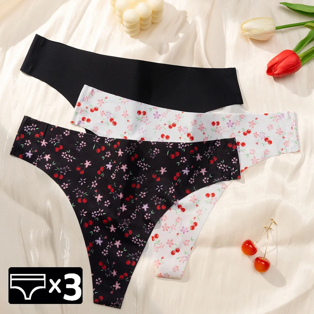 3PCS/Set Cute Cherry Printed Panties Fashion Solid Colors Women's Panties Breathable Seamless Underwear Silk Satin Sexy Thongs