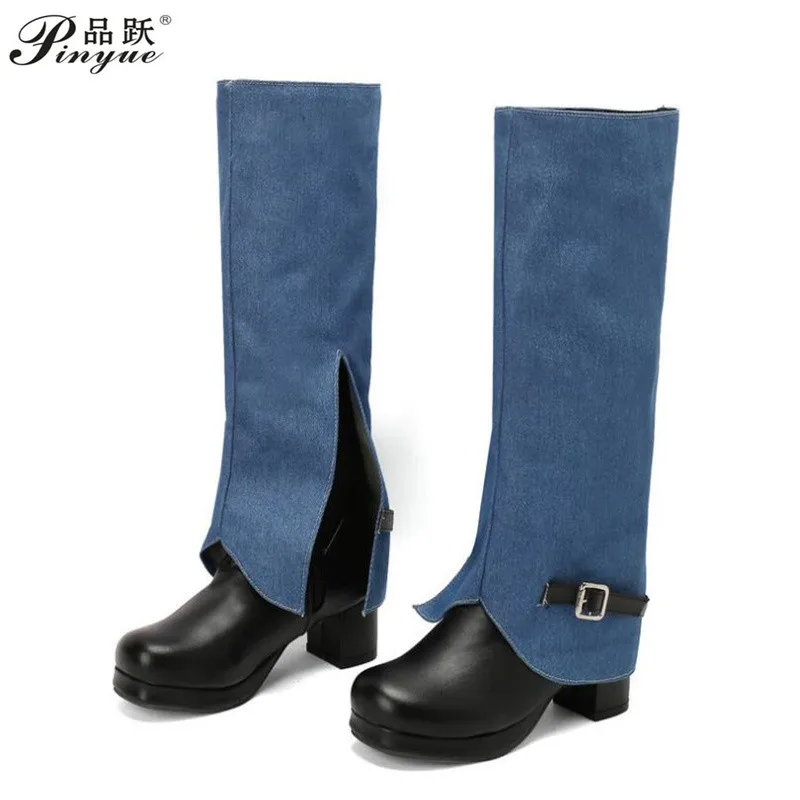 

5cm Fashionable Jeans Tube Boots for Women in Autumn and Winter Round Toe Thick Heels High Heels Belt Buckle Slim Fashion Boots