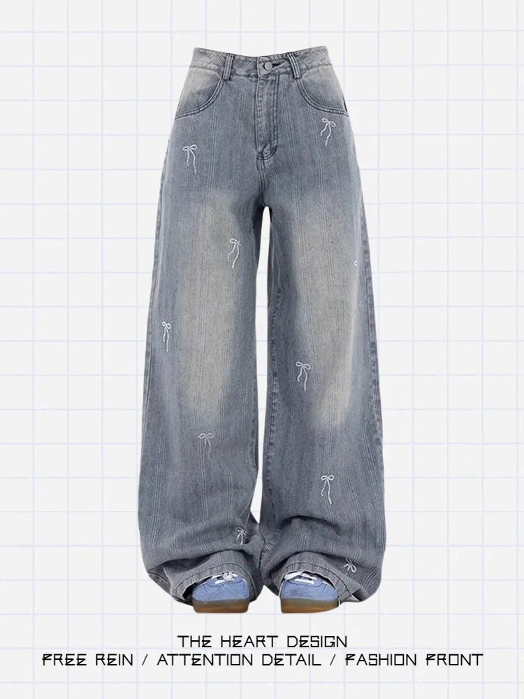 

Retro American Bamboo Knot Embroidered Denim Pants Women's Spring Autumn Loose Straight Wide Leg Pants High Waist Zipper Closure