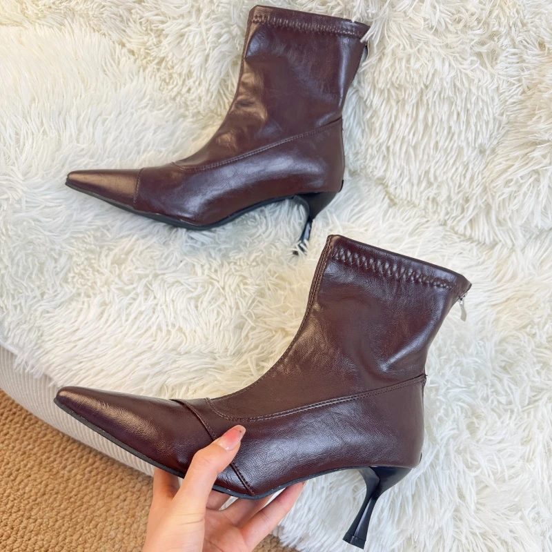 

Back Zipper Paneled Pointed Toe Stiletto High Heel Booties Women's Boots Early Fall 2025 New Versatile
