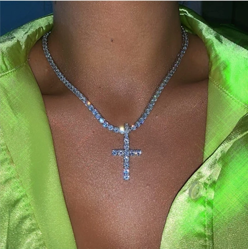 Fashion Hip Hop Crystal Necklace Crosses Pendant Necklace with Rhinstone Chain Unisex Fashion Jewelry for Party Daily Wear