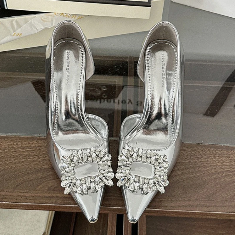 

Сексуальные женские туфли на высоком каблуке со стразами и квадратными пуговицами, туфли-лодочки с острым носком, вечерние модельные туфли, модельерские сандалии, женские сандалии