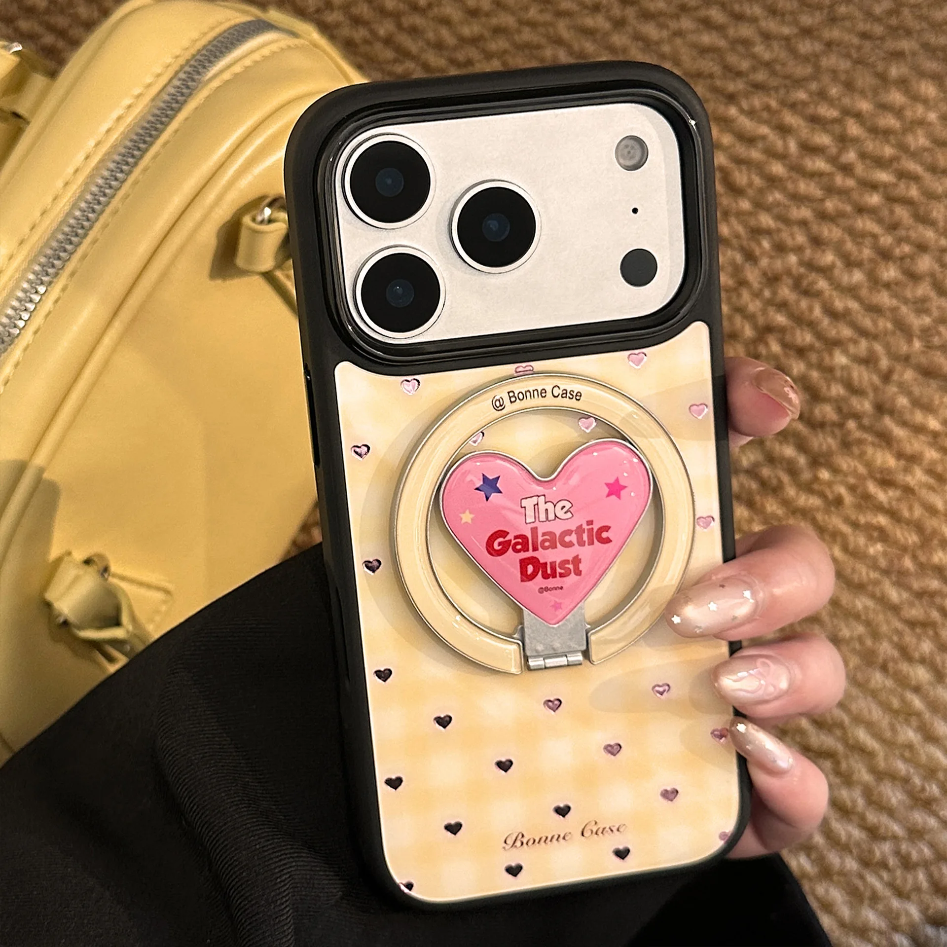 Koreanisches Gittermuster Rosa Herzförmige Faltbare Magnetische Halterung Handyhülle für iPhone 17 16 15 14 13 12 Pro Max Stoßfeste Hartschale