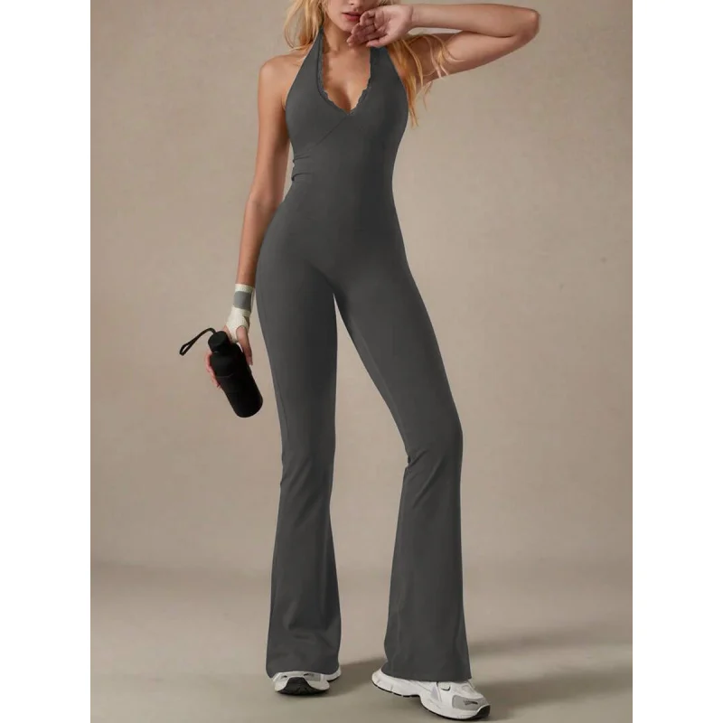 가슴 패드가 있는 여성용 레이스 넥라인 요가복, 홀터넥 점프수트, 필라테스 바디수트