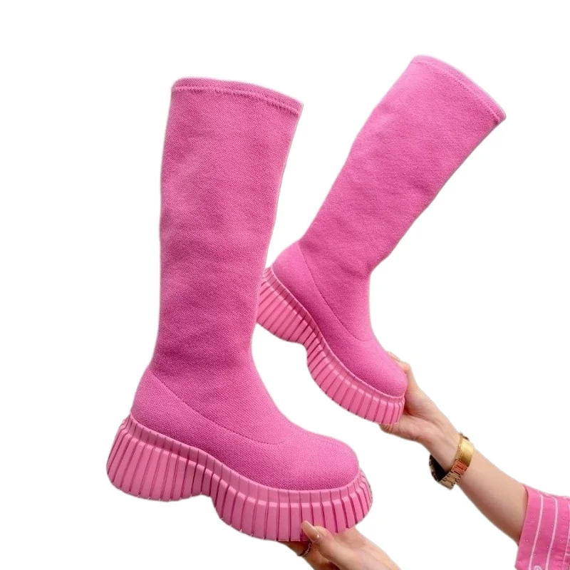 Pink Ladies Elastic Boots New Shoes Slip on Fashion Women Sock with Wedges Shoes Footwear Platform Botines Mujer Ankle Boots