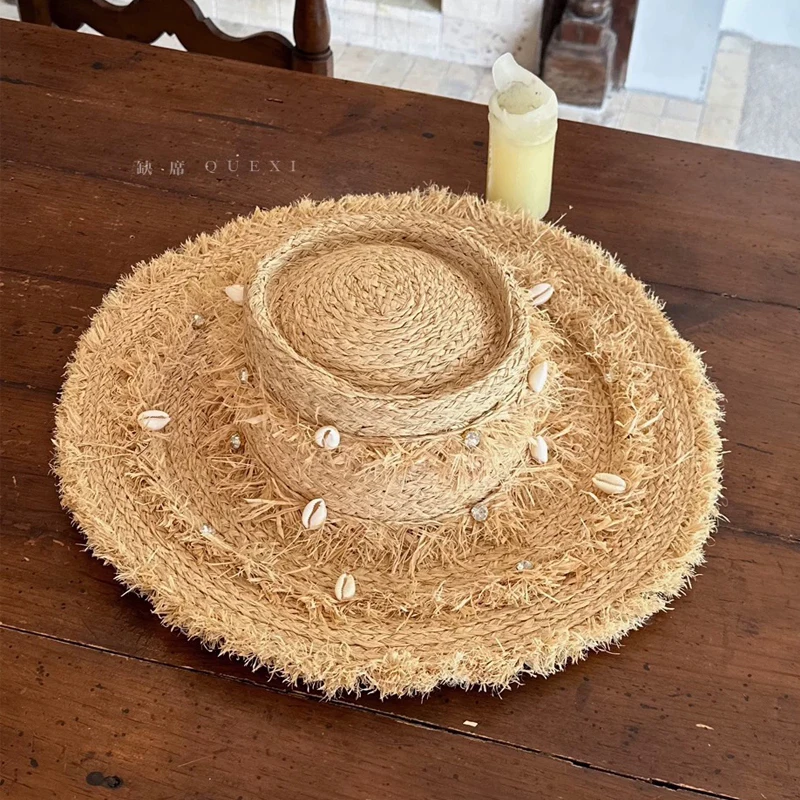 

Соломенная шляпа из рафии ручной работы USPOP с ракушками, летняя пляжная шляпа от солнца в стиле бохо для женщин, праздничная кепка с широкими полями и потертостями