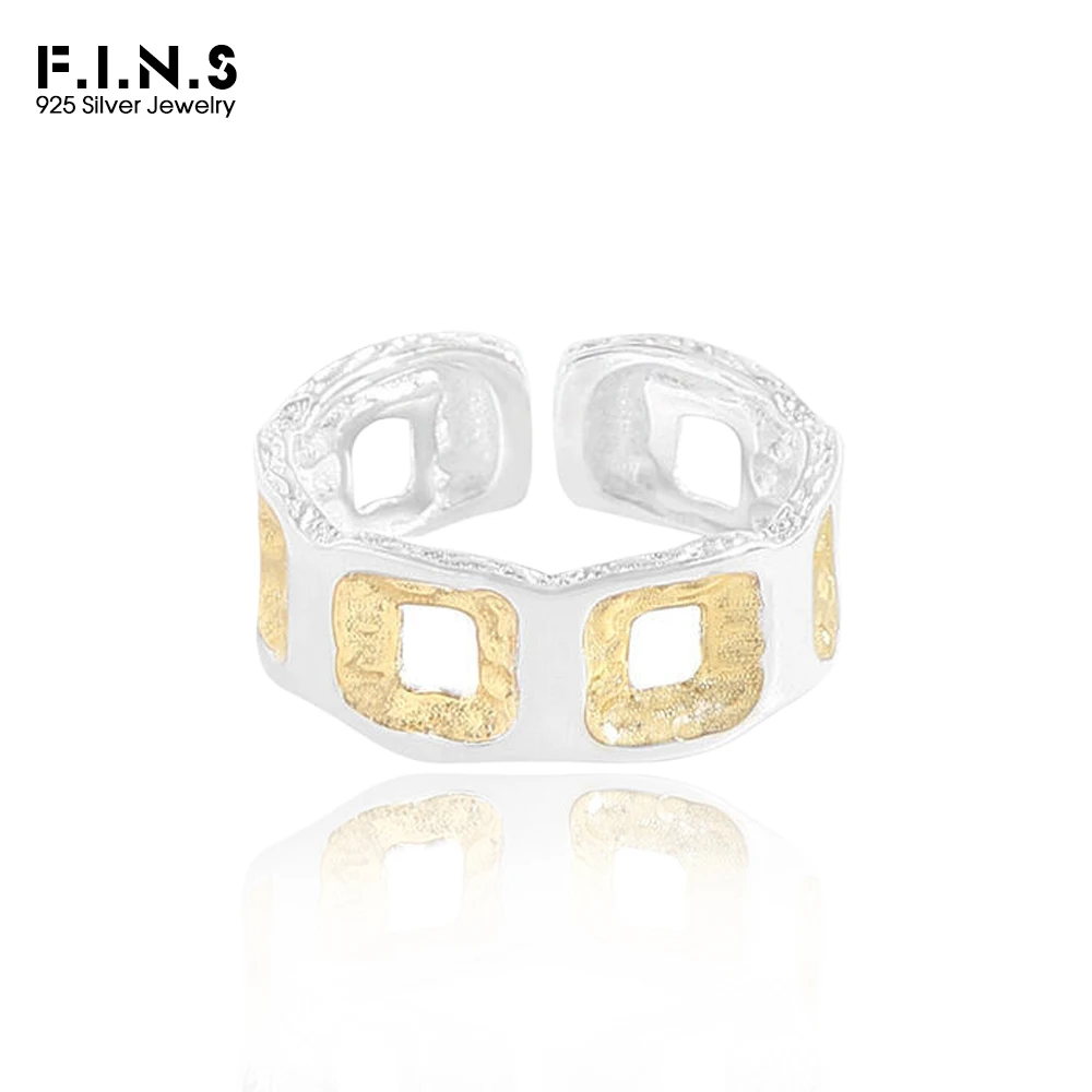 

F.I.N.S универсальное открытое кольцо из стерлингового серебра 925 пробы с геометрическим рисунком для женщин, двухцветное полое квадратное регулируемое ювелирное изделие на палец