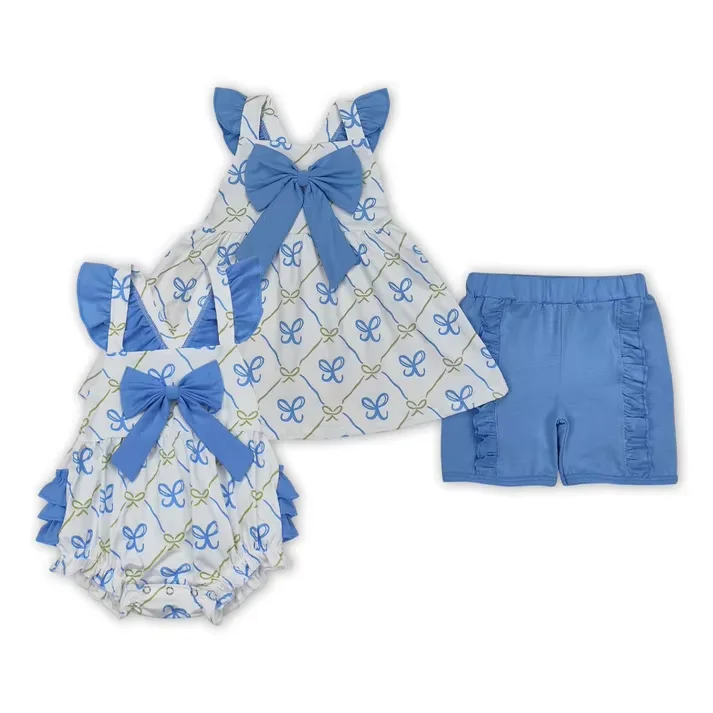 

Wholesale Baby Girl Clothes 0-24M Blue Bow Print Romper Summer Outfit - Cute Sleeveless Jumpsuit with Belt, Toddler One-Piece