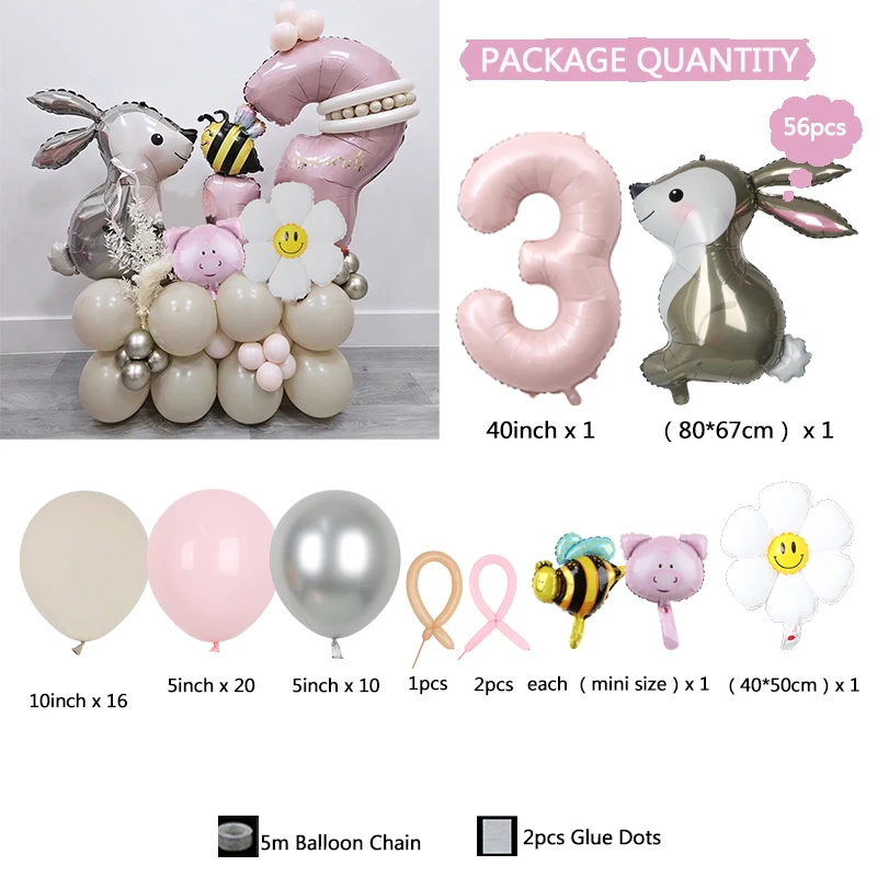 56pcs Easter Bunny Cartoon Rabbit bee piggy Foil Balloons Pink 40inch Number Balloon Set Child Girls  Birthday Party Baby Shower