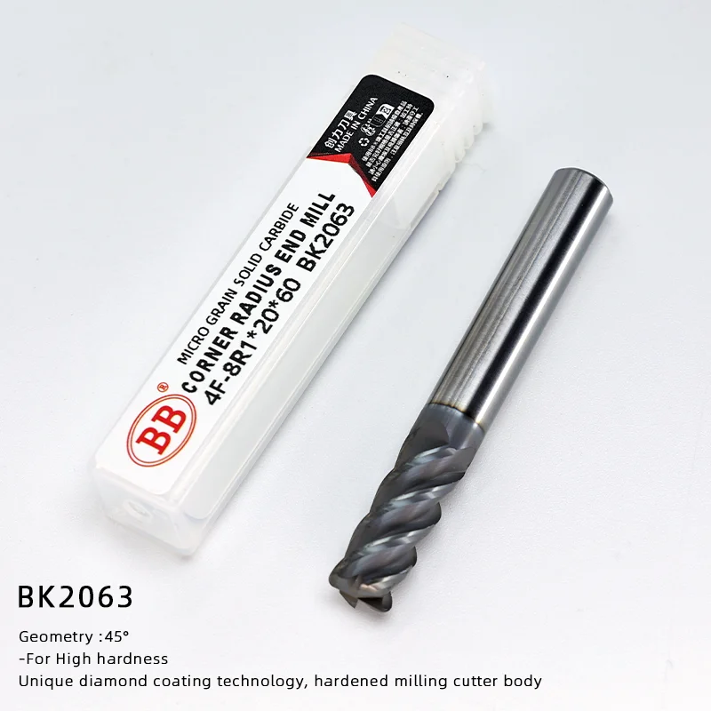 BB Corner Radius End Mill CNC Hardened Steel Die Steel Machining Cutting Tool HRC65 Slot Side Cutting 4 Flute 6R0.2 8R0.5 BK2063