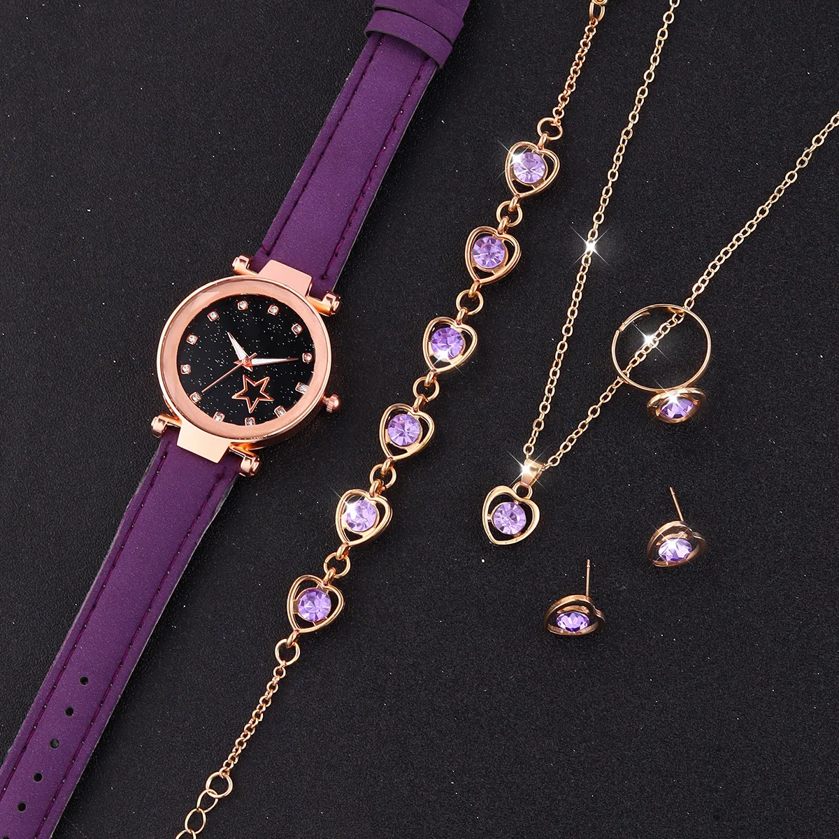 

5 шт./компл., новые простые женские кварцевые часы, фиолетовый матовый кожаный ремешок, аналоговые наручные часы, комплект ювелирных изделий со стразами в форме сердца
