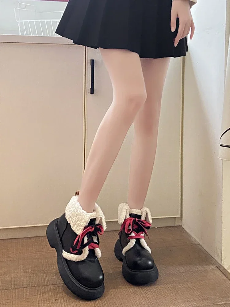 Female Shoes Punk Style Ankle Booties Ladies Snow Boots Elegant with Medium Heels Lolita Combat Mary Janes Lamb on Slip Plush Pu