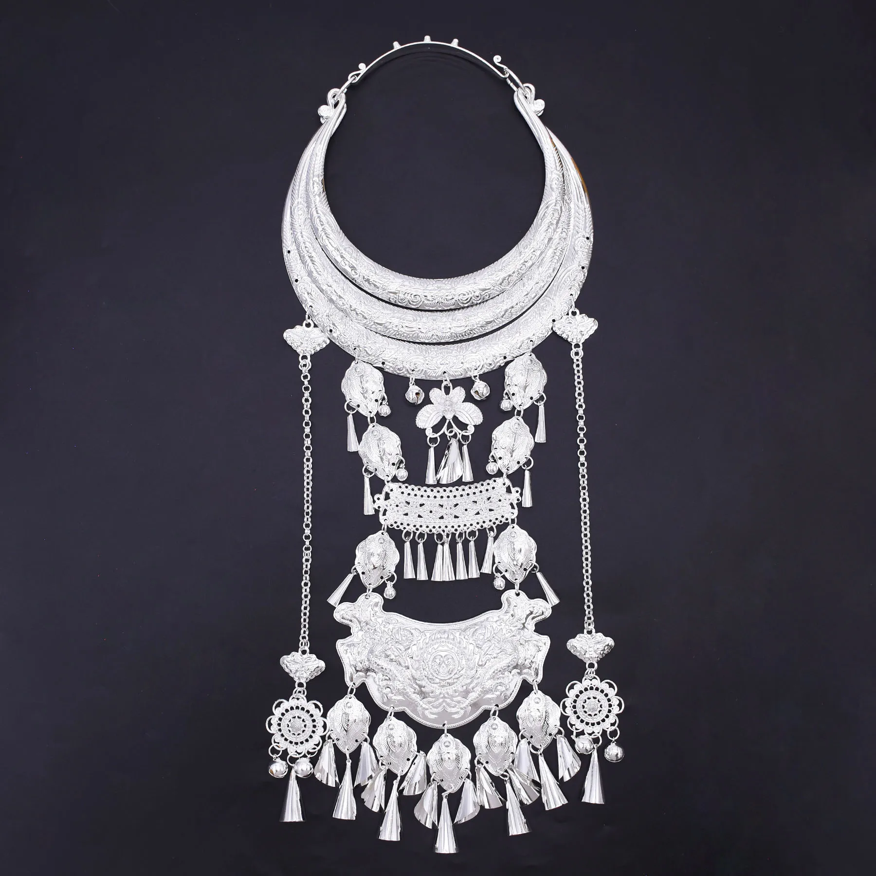 Miao Silver Choker Butterfly Flower Pendant Jewelry Ethnic Traditional Chinese Minority Long Tassel Statement Hmong Necklace