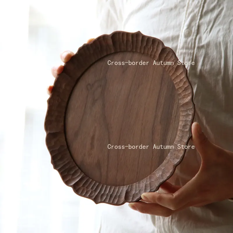 

Japanese Style Hand Carved Black Walnut Serving Tray Solid Wood Lace Edge Tea Plate