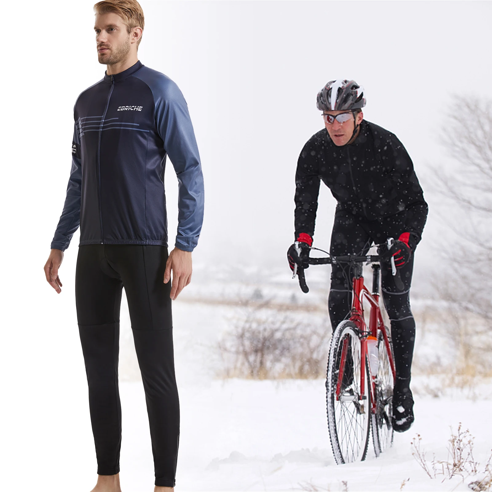 

Ebriche Men Cycle Jersey Set Winter Warm Long Sleeve Mountain Bike Jacket with Padded Bib Pants Tights Bicycle Riding Clothing