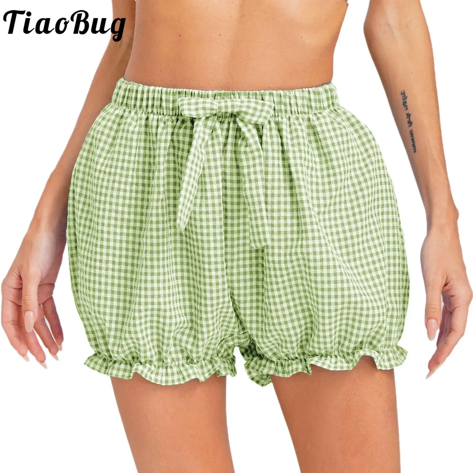 

Women Sweet Bowknot Plaid Shorts Elastic Waistband Short Pants Bottooms Homewear Loungewear Beachwear for Party Vacation Beach
