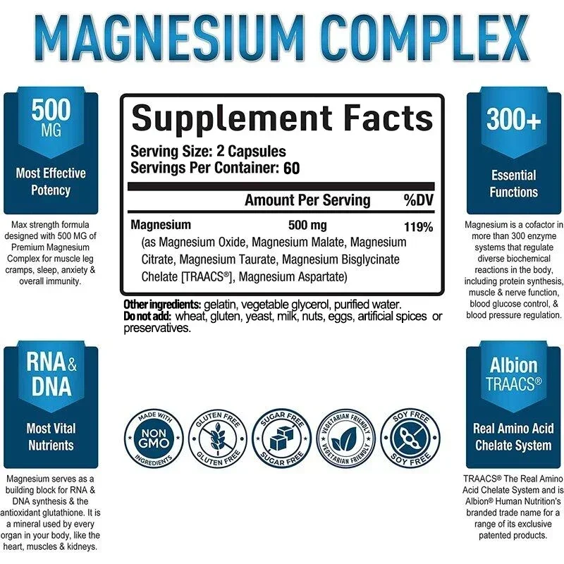 Magnesium Complex 500 Mg - Essential Mineral Blend for Cardiovascular and Whole Body Health, Gluten Free, Non-GMO, Vegetarian