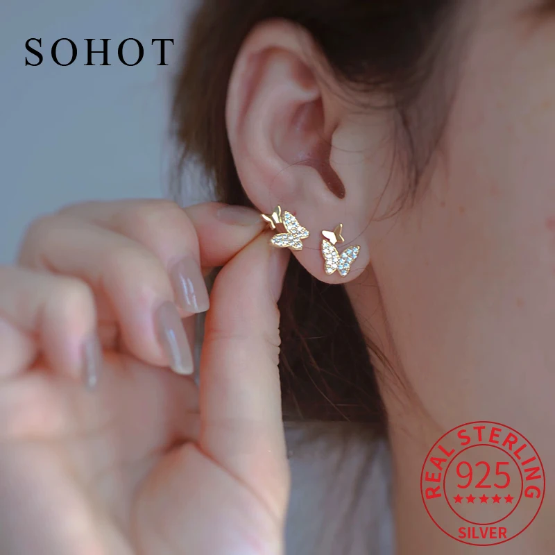 

Real 925 Sterling Silver Sparkling Butterfly Zircon Mini Stud Earrings for Women Cute Fine Jewelry Light Luxury Accessories