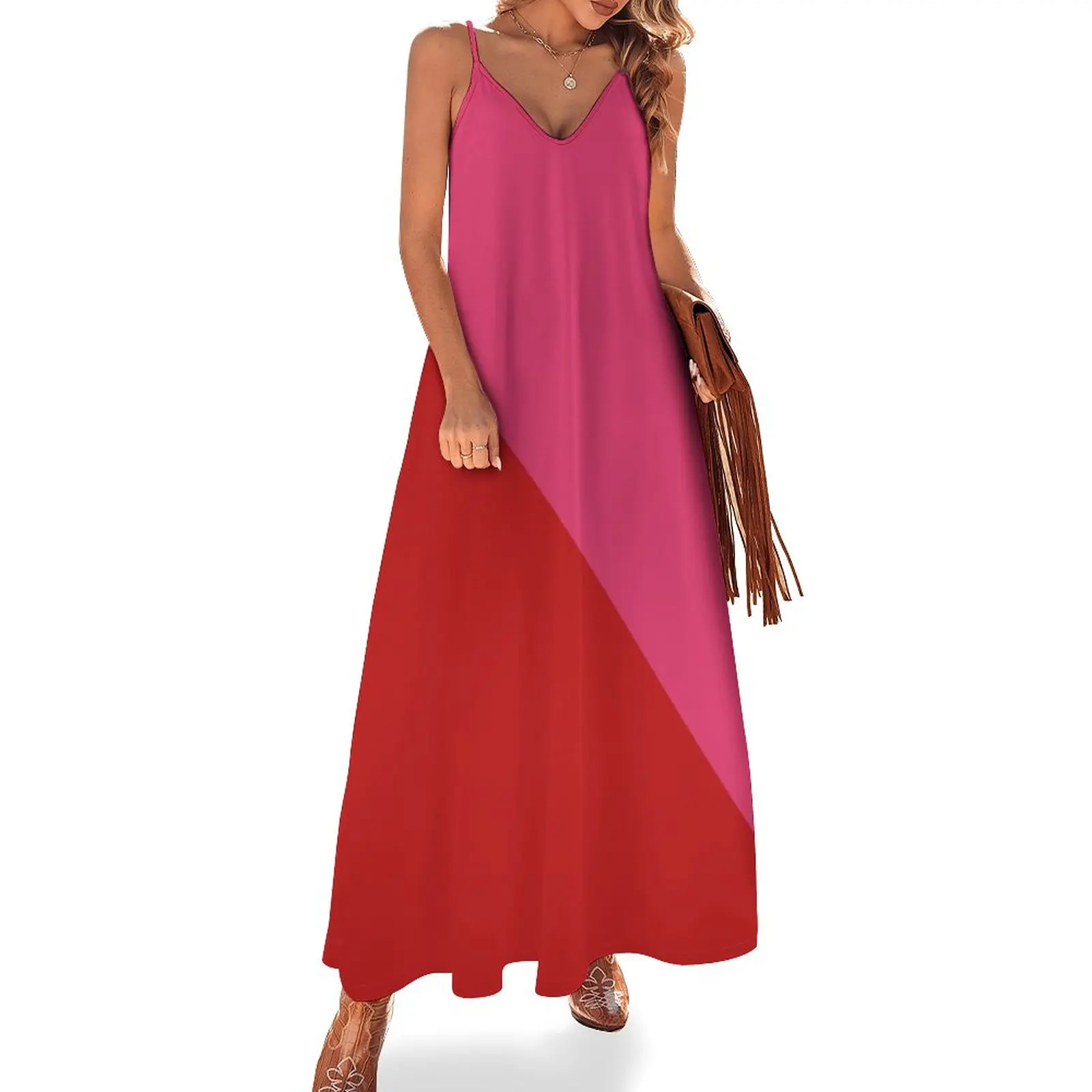 

Clashing colors. Red and pink Sleeveless Dress loose women's dress Womens dresses