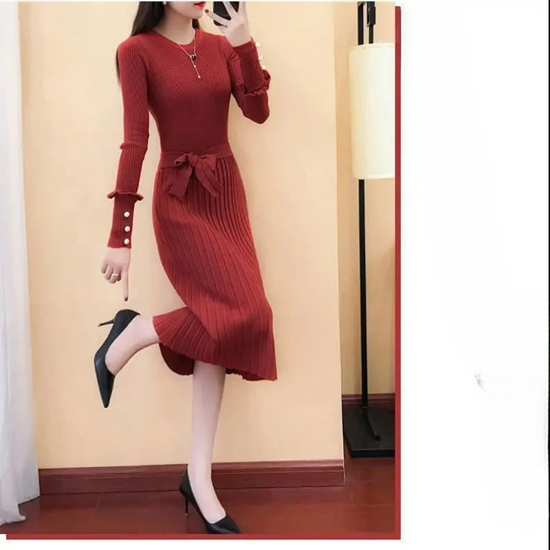 2023 New Dress Women\'s Woolen Dress Autumn Bottom Woolen Dress Mid Length Thin Waist Knitted Dress Women Dress