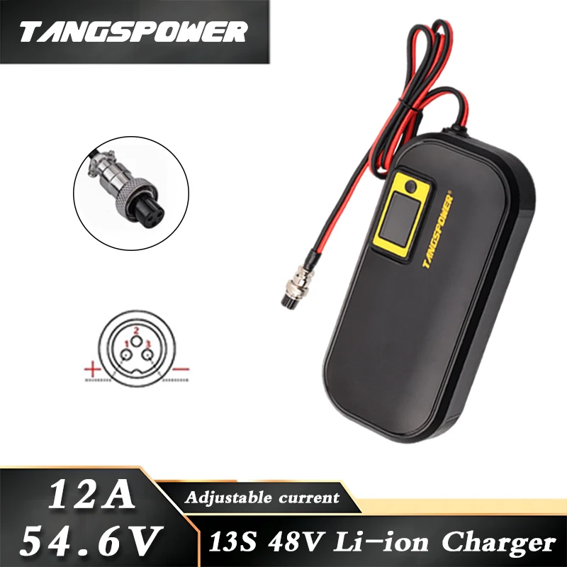 54.6V 12A Lithium Battery Smart Charger For 13Series 48V Li-ion Battery Pack Fast Charging 3Pin-GX16 Connector With Cooling Fan