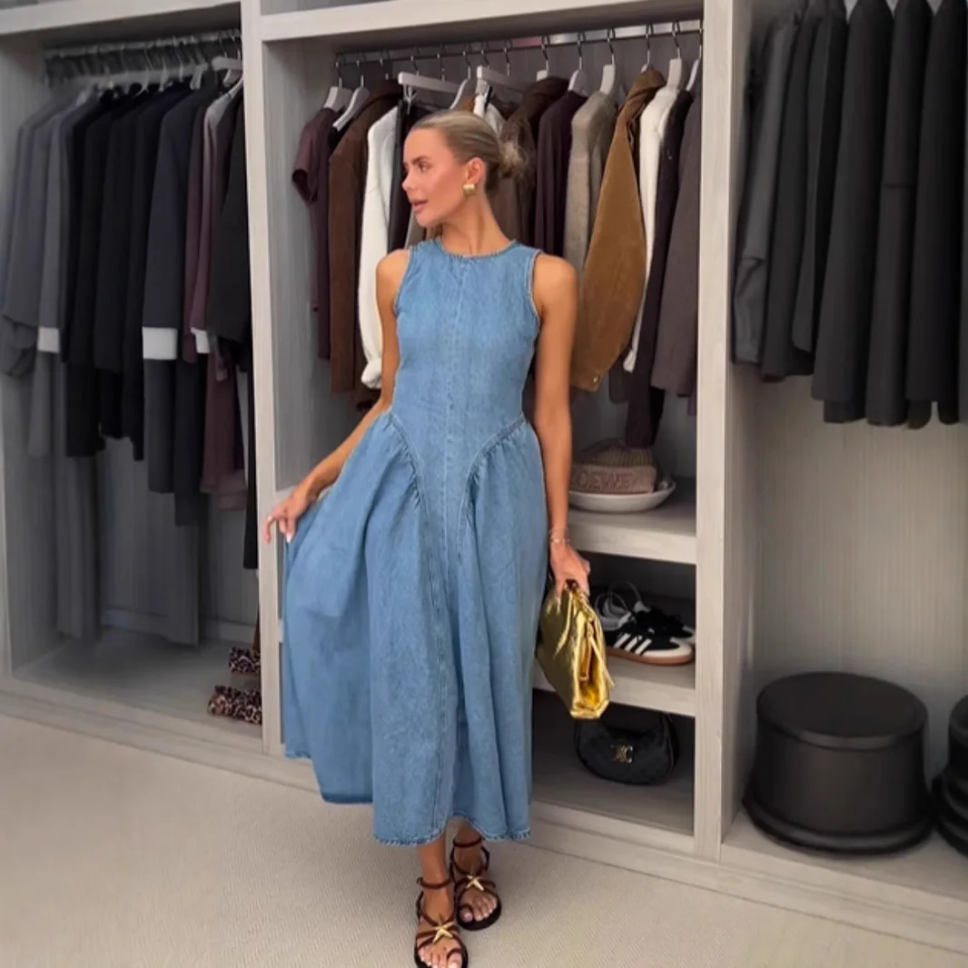 

2025 Spring and Summer Women's New Temperament Sleeveless Sexy Backless Lace-up Denim Skirt Dress for Women