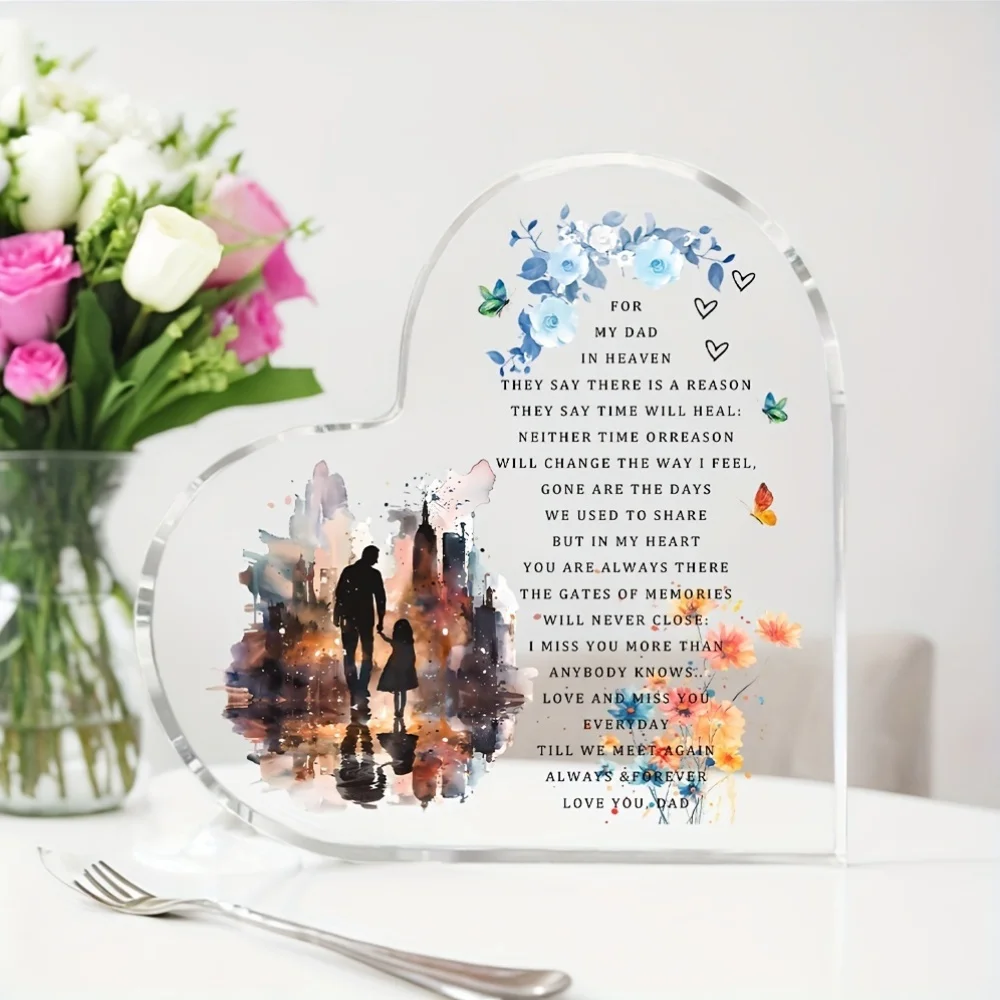 Acrylic Heart Memorial Plaque for Dad from Daughter, Father's Day Gift from Heaven, No Electricity Home Decor