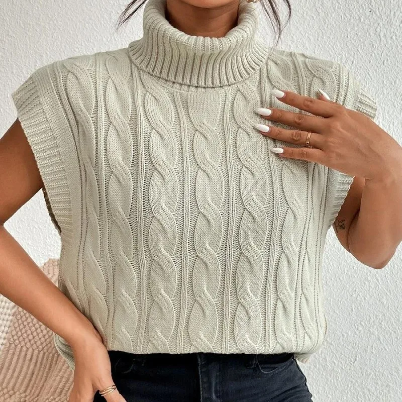 

Autumn and Winter 2023 Sleeveless Knitted Sweater Vest Women Slim Solid Loose Turtleneck Pullovers Twisted Vests for Women 28476