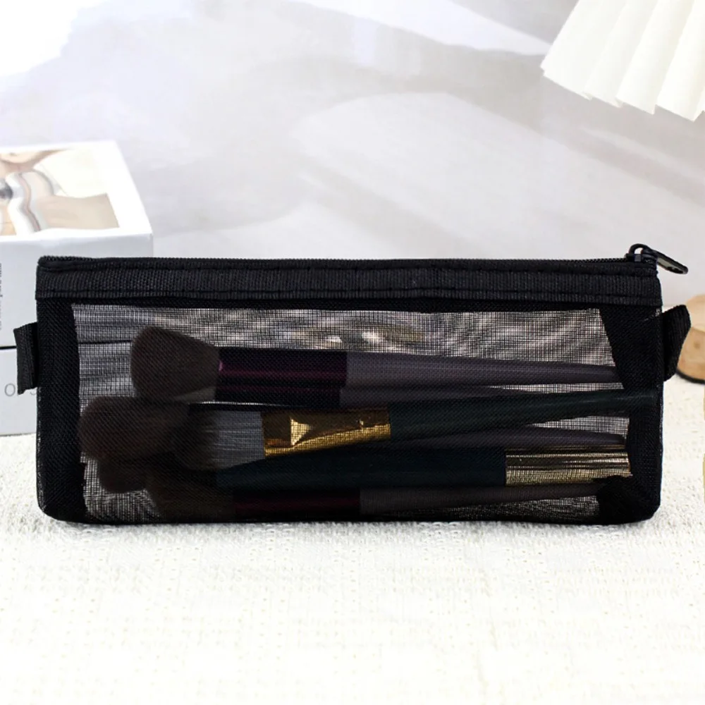 

Portable Transparent Cosmetic Bag Zipper Mesh Makeup Bags Black Heart Printed Pen Case Pouch