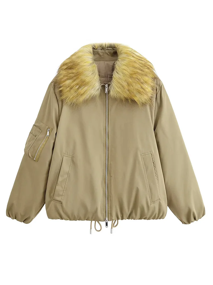 

HH Woman Long Sleeves Loose Zipper Removable Fur Collar Coat Winter Women Warm Reversible Lapel Pocket Drawstring Cotton Jacket