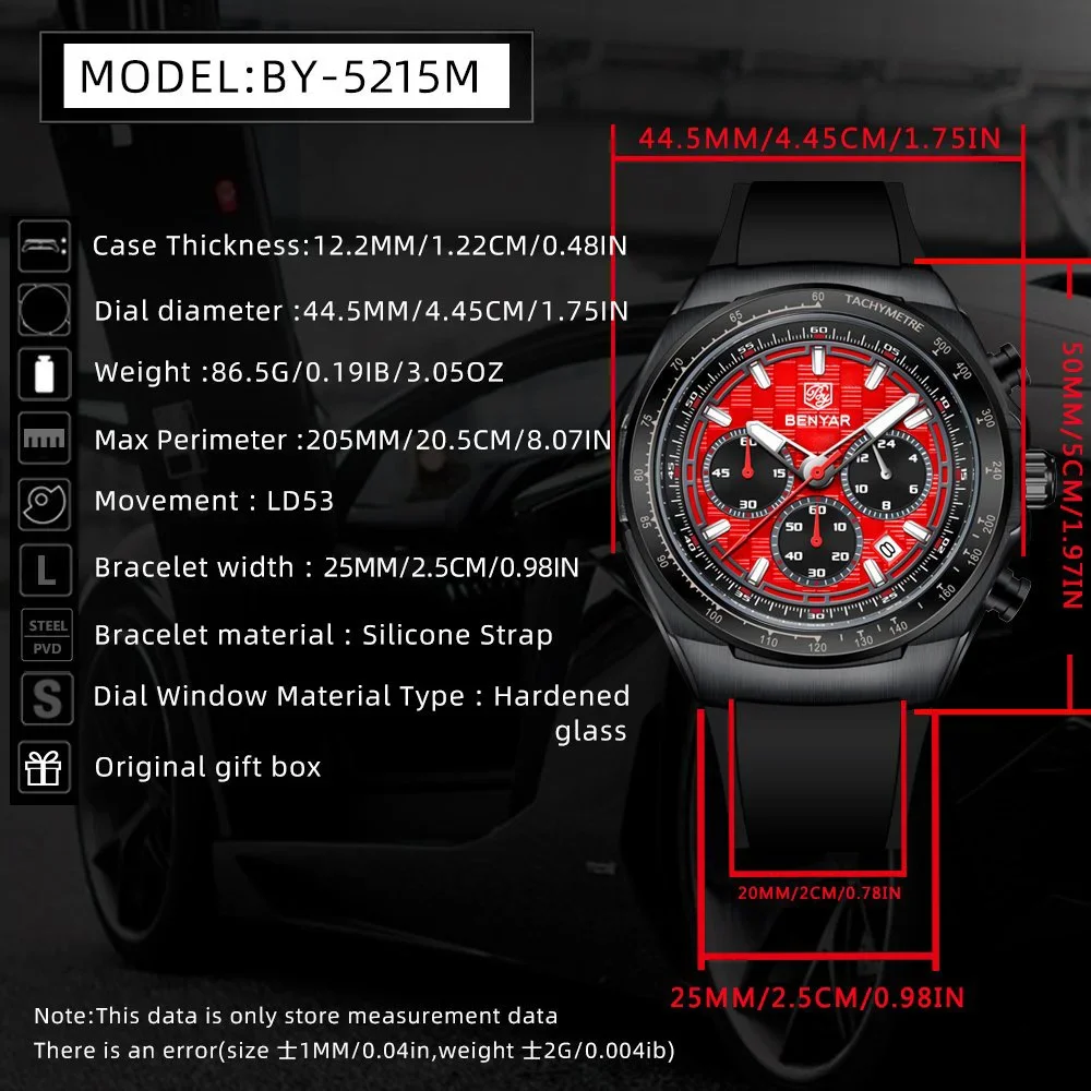 BENYAR ساعة رجالي فاخرة تاريخ كرونوغراف ساعة رجالي فاخرة مقاوم للماء ضوء الليل الرياضة العسكرية ساعة كوارتز رجالية صندوق هدايا #5