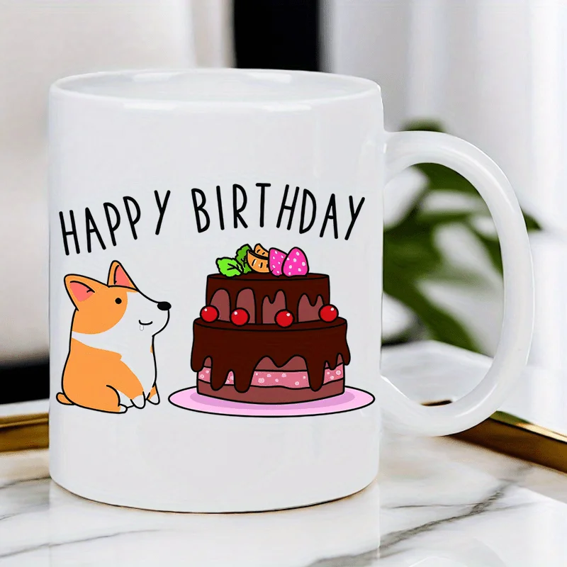 Cute Corgi & Birthday Cake Ceramic Mug - White Reusable Coffee Cup with 