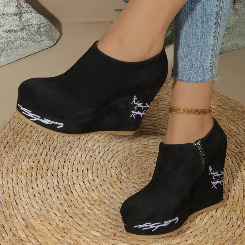 Shoes for Women 2024 Hot Sale Rome Women's Boots Platform Ankle Boots Women Round Toe Side Zip Super High Wedges Ladies Shoes