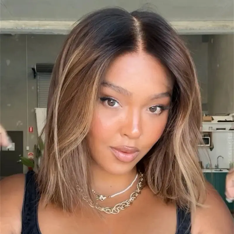 

Ombre Honey Blond Synthetic Lace Front Wigs 10 inch Milddle Part Lace Front Wigs Short Wave Bob Dark Roots Pre Plucked Hairline