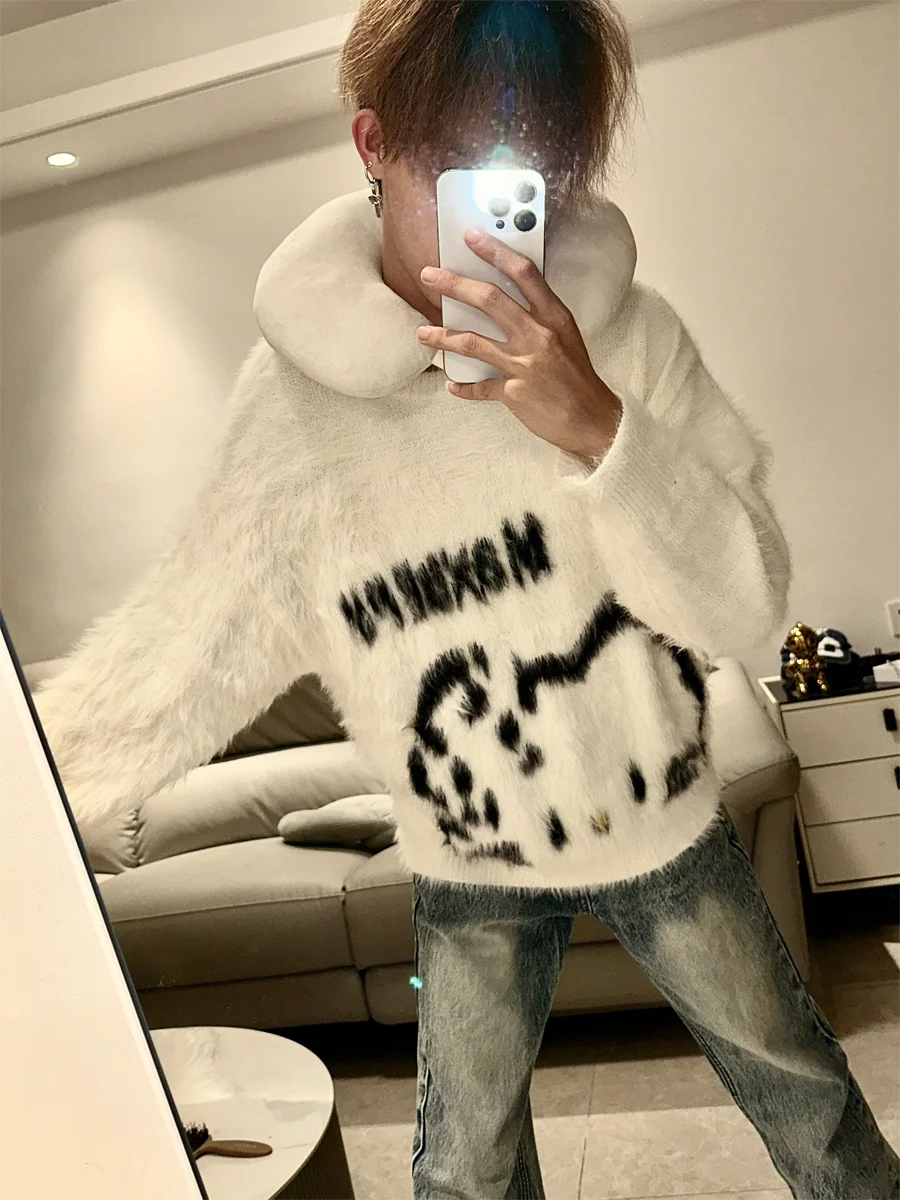 

Cute Pattern Knitted Soft Sweater Men's Autumn Winter Outerwear Warm Lazy Sle Loose round Ne Knitted Top for Couples