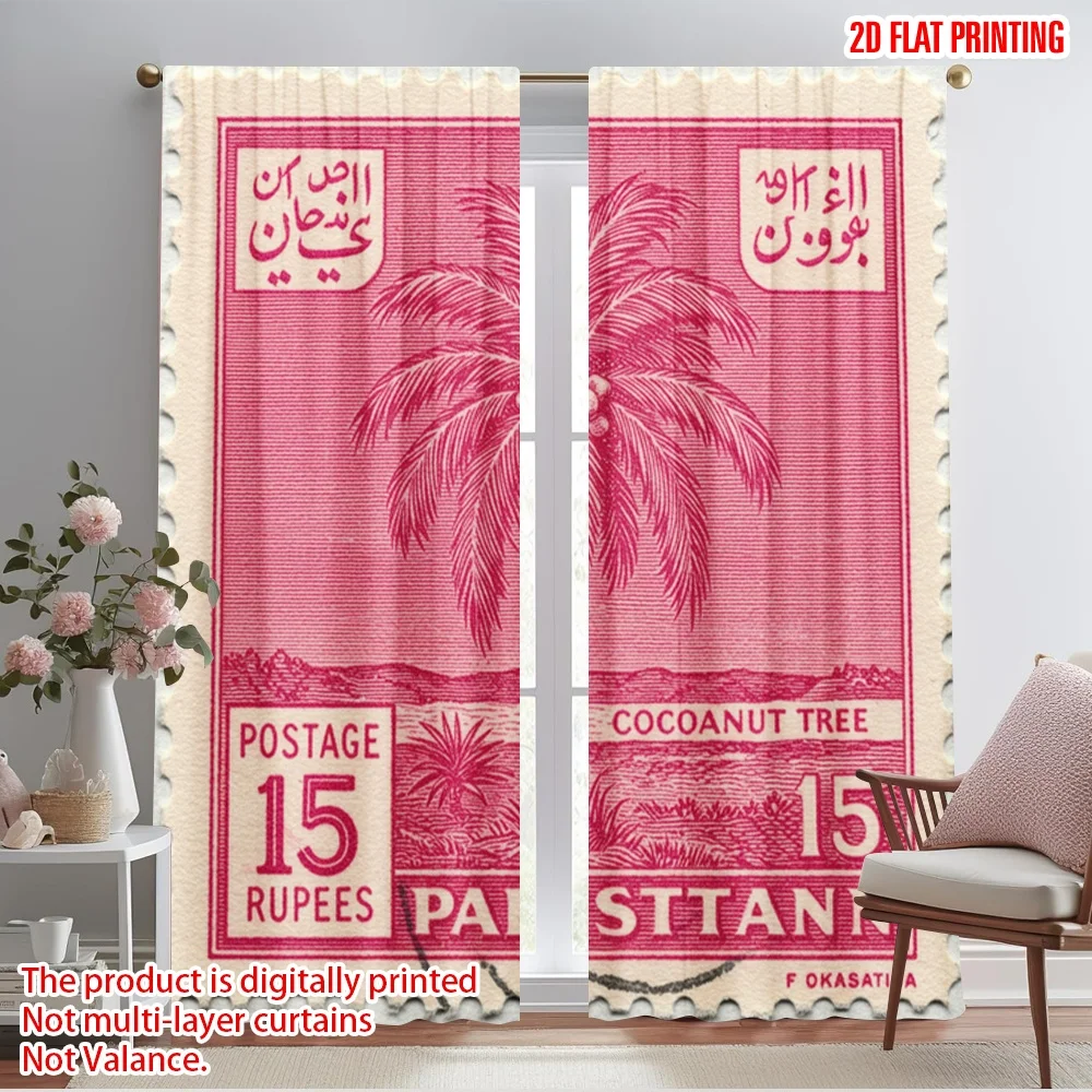 

2pcs 2D flat printing Window Curtains Pakistan Postage 15 Rupees Coconut Tree Fabric Without Electricity Festive Wall Decor for