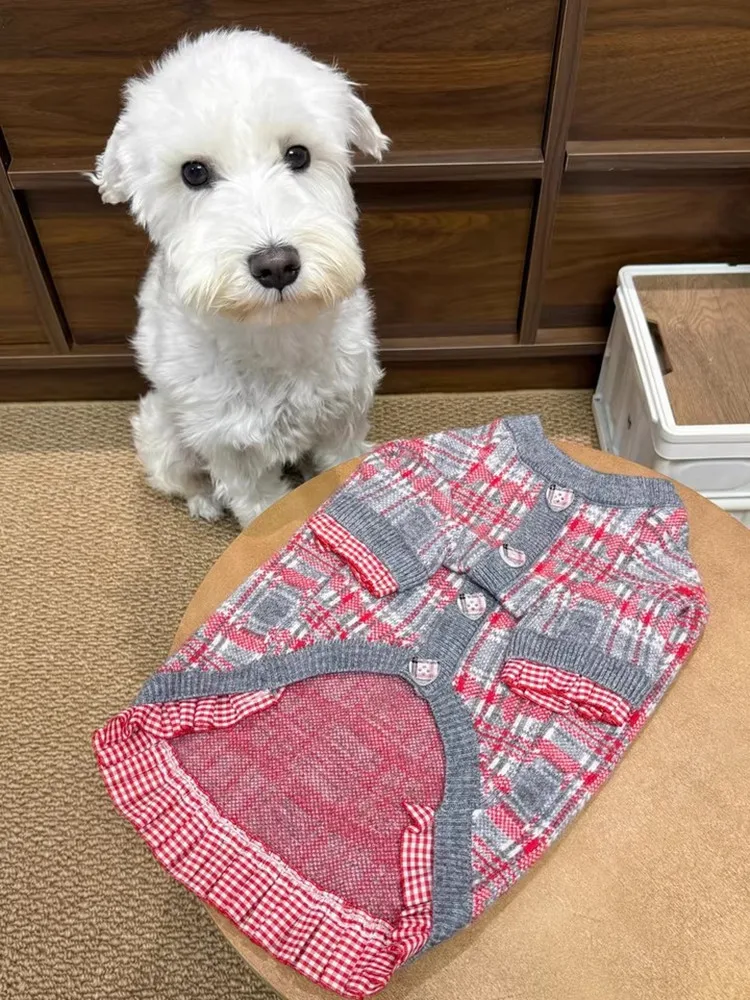 

Classic Red & Grey Plaid Dog Cardigan | Soft Knit Pet Sweater with Button Closure for Small Medium Dogs