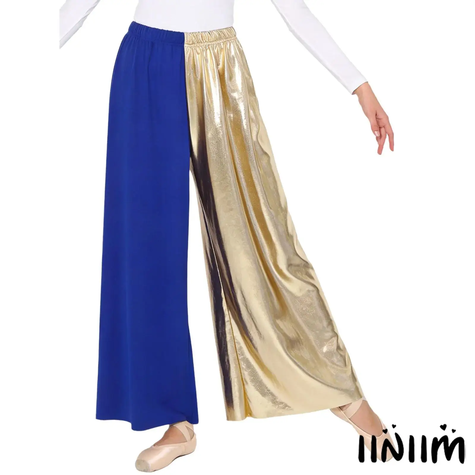

Women Lyrical Modern Dance Pants Color Block Design Metallic Shiny Patchwork Wide Leg Elastic Waistband Long Trousers Dancewear
