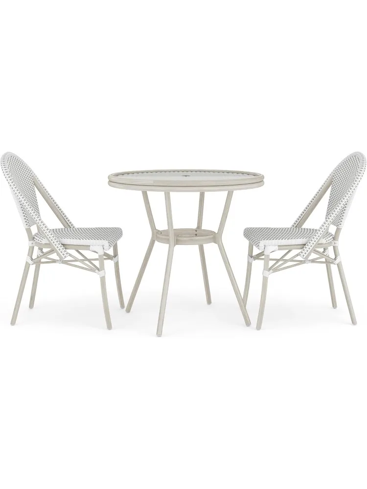 

Lily Pond 3 Piece Indoor-Outdoor Gray and White Woven Rattan Bistro Set with Gray Woodgrain Aluminum Frames and T