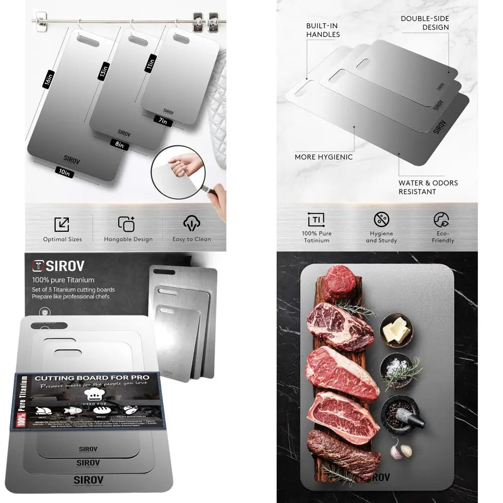 

Set of 3 Pure Titanium Kitchen Cutting Boards - Non-Toxic, Dishwasher Safe, Durable for Chopping Meat, Fruits, and Vegetables