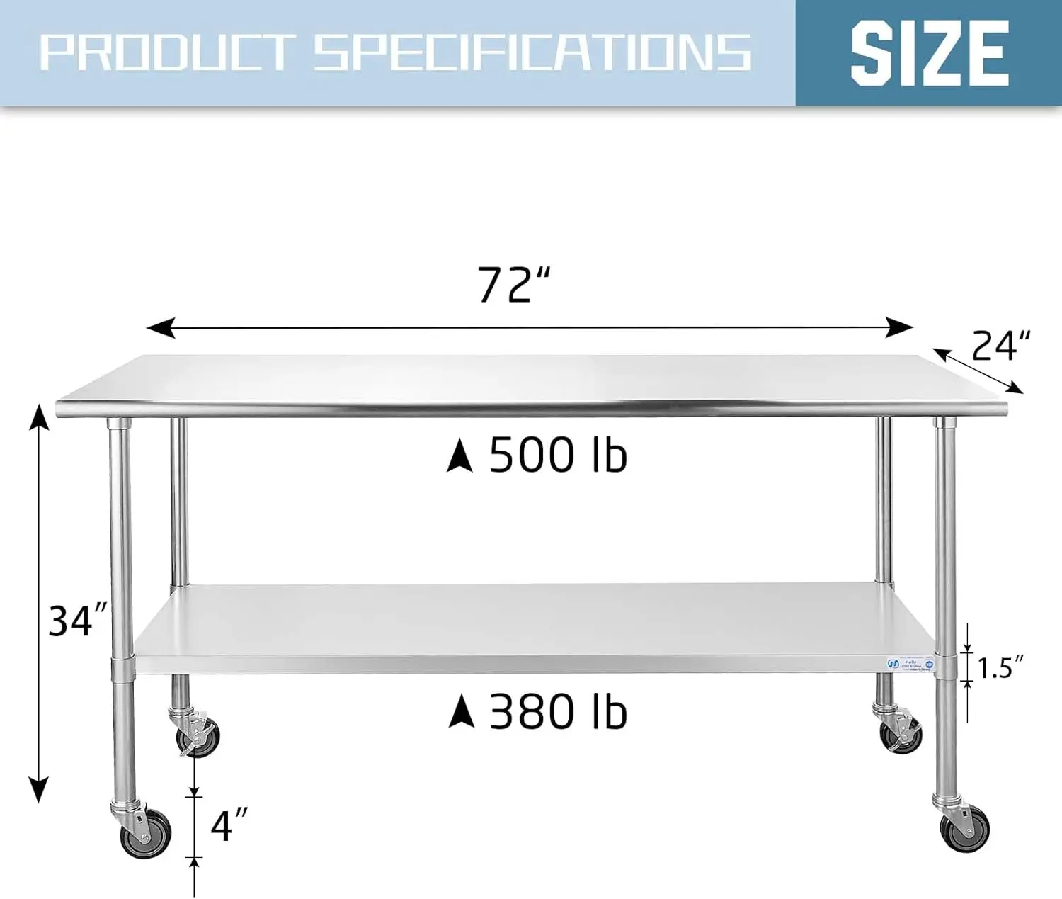 Stainless Steel Table for Prep & Work 24 x 72 Inches with Caster Wheels, NSF Commercial Heavy Duty Table with Undershelf and Gal