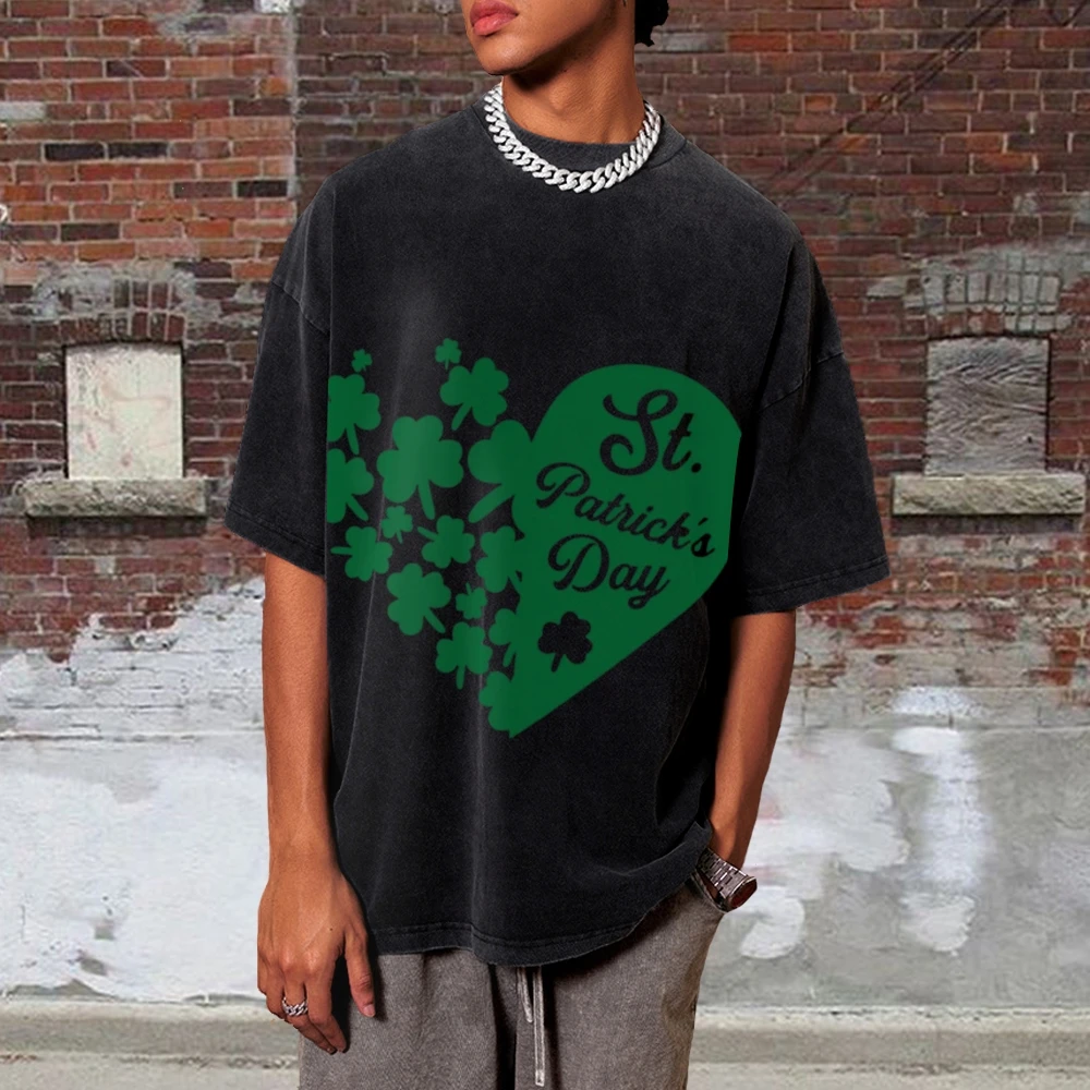 Patrick's Day Clover Heart Trendy Vintage Unisex Washed T-shirt Oversize Short Sleeve Retro Washed Stylish Tee Women Men's Top