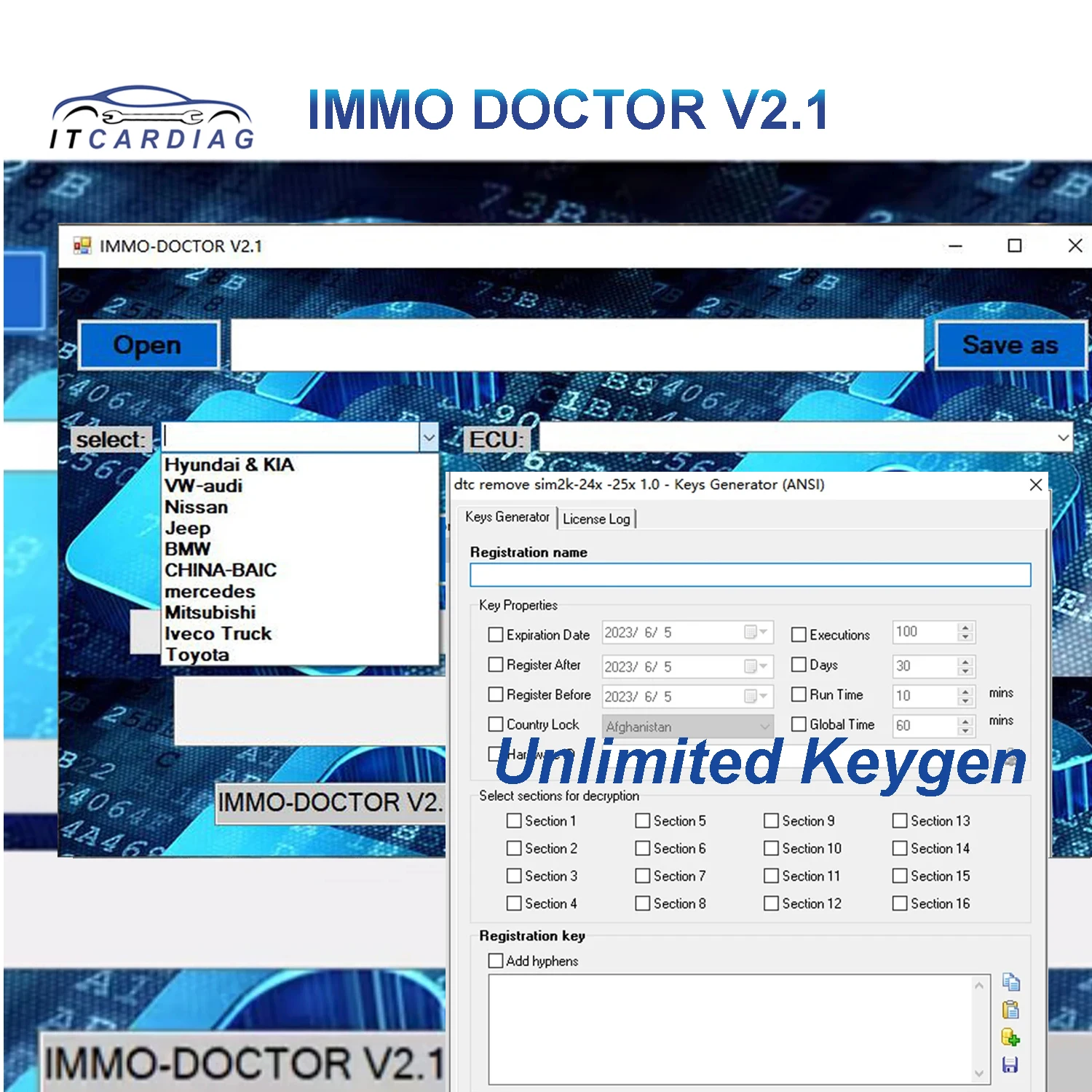 

IMMO DOCTOR V2.1 MULTI BRAND With Unlimited KEYGEN Immo Off DTCRemover Delete Software for ME17MH72 MH83 MH82 MEG17