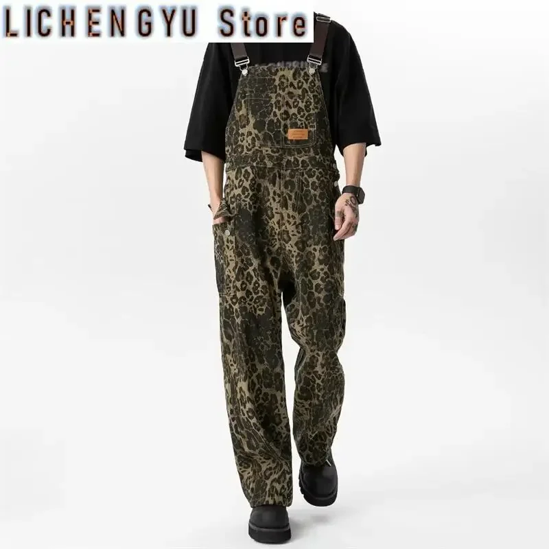 

Women Leopard Pattern Vintage Suspender Jumpsuits Fashion Wide Leg Pants Streetwear Rompers Female Casual Straight Trouser