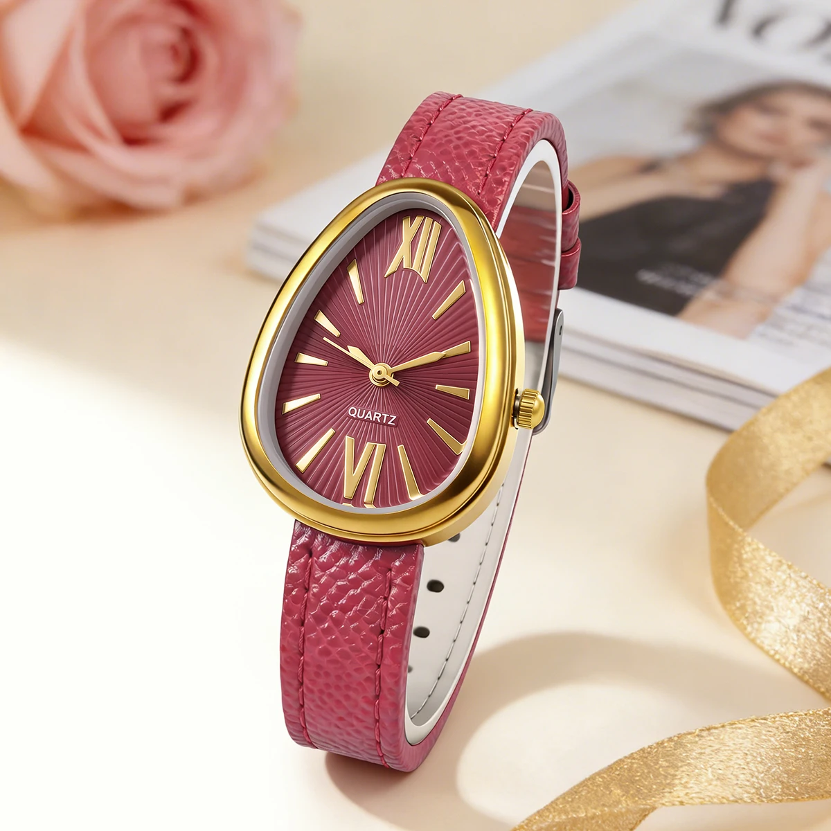 Oval Teardrop Quartz Watches for Women Roman Numerals Genuine Leather Strap Elegant Ladies Watches