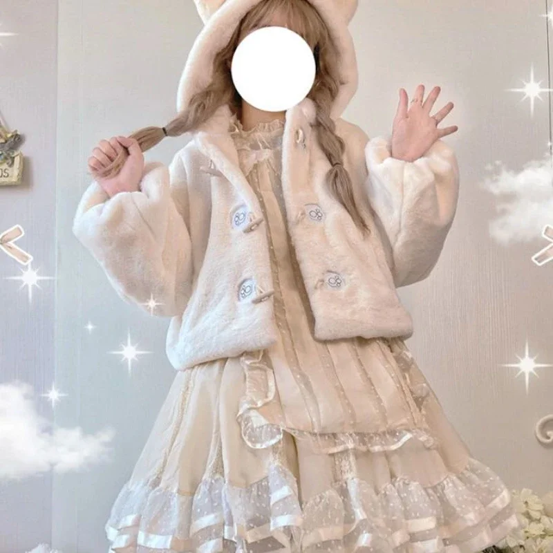 NONSAR inverno Girly addensato peluche JK Lolita cappotto corto donna giapponese carino orecchio di coniglio Anime parka con cappuccio capispalla