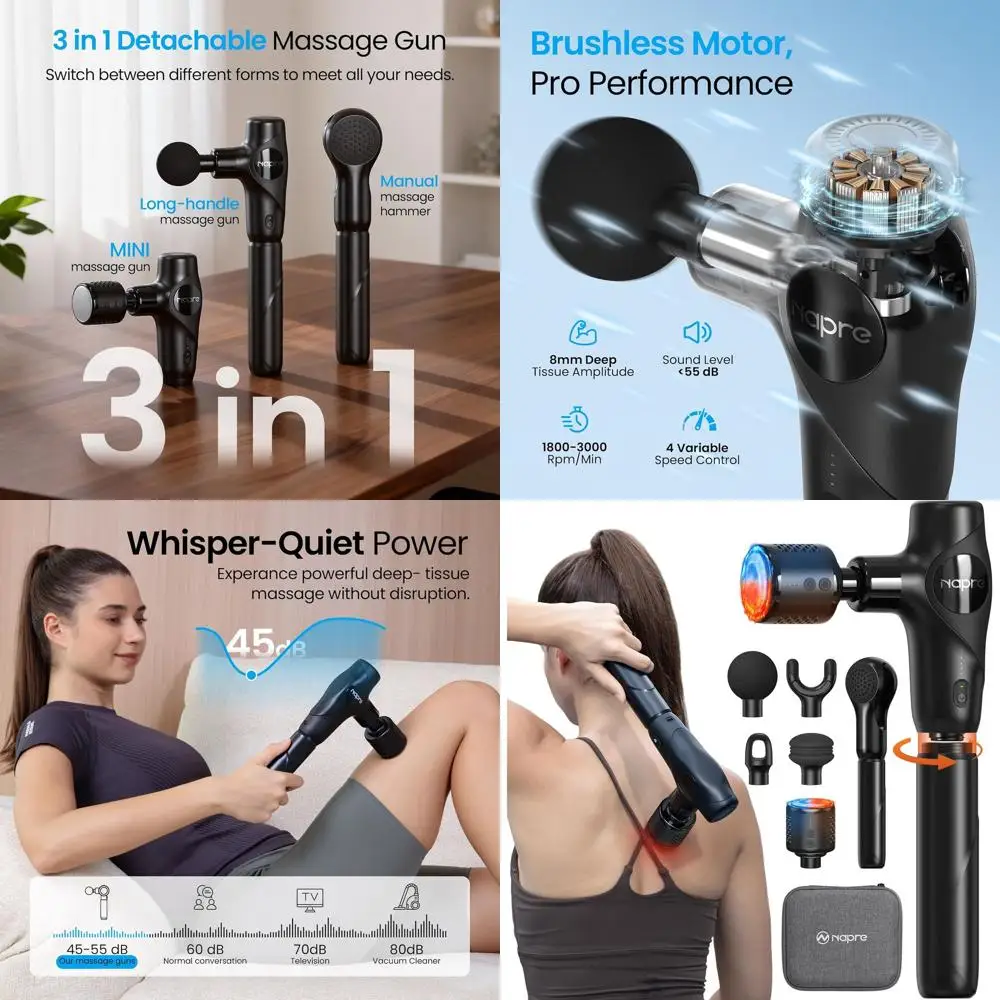 

Портативный массажный пистолет 3-в-1 с функцией нагрева/охлаждения, для глубокого массажа тканей, со съемной ручкой, 5 насадок, бесшумная работа, сумка для переноски