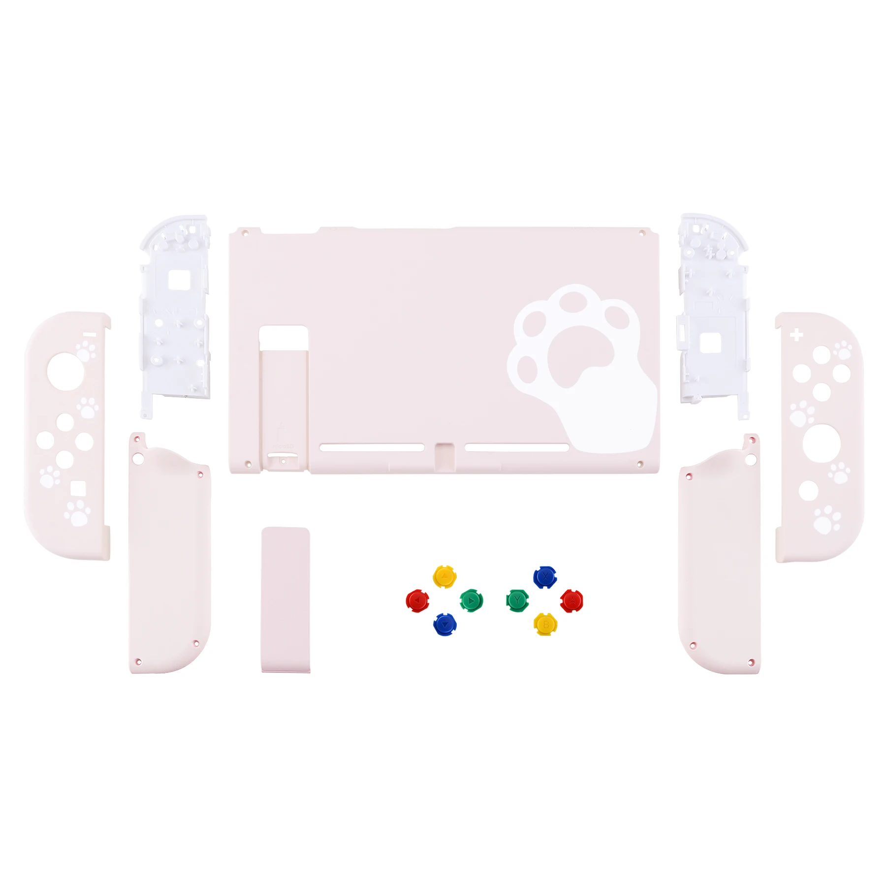 EXtremeRate Cherry Blossom Pink Cat Paw Soft Touch Grip Back Plate + Controller Shell dengan Tombol Set Lengkap untuk Nintendo Switch